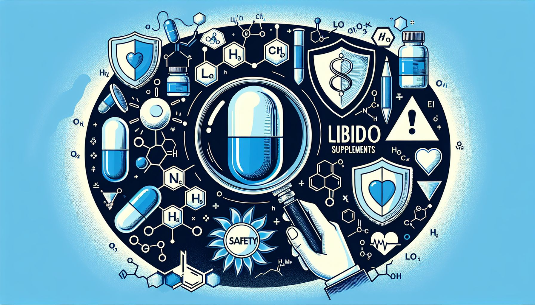 Image showing a selection of libido supplements, including capsules, herbal tablets, and natural ingredient extracts, placed alongside informational pamphlets in a bright clinical setting.